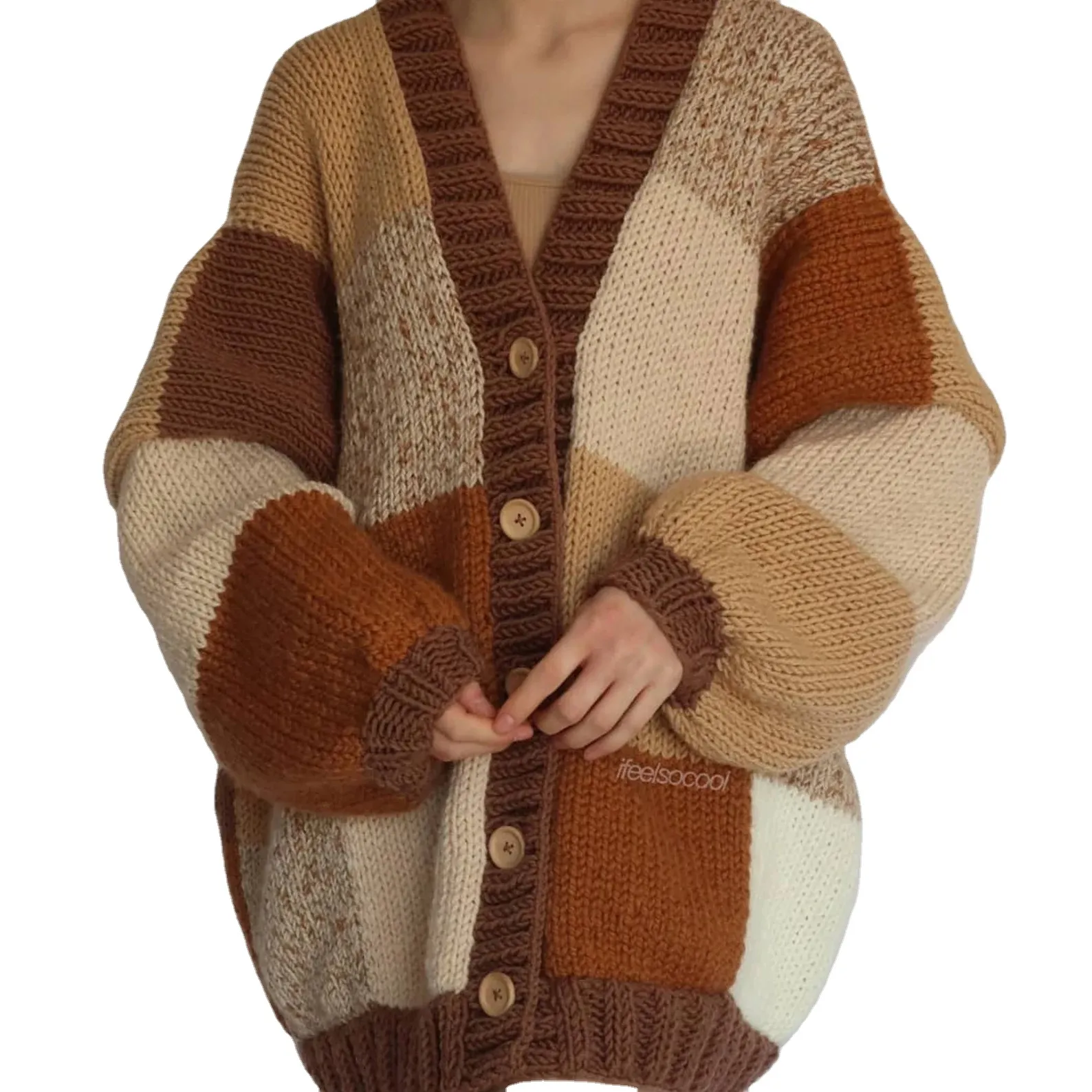 Kardigan Wanita kerah v kustom grosir Sweater rajut kualitas terbaik bahan kain dengan ukuran dan warna logo khusus