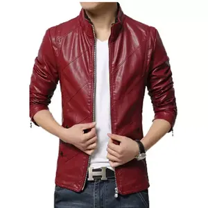Chaqueta de cuero PU para hombre de otoño e invierno, abrigo de lona cálido informal con cuello levantado para uso comercial o en motocicleta - Product Image 6