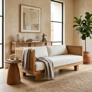 Our Modern Furniture Aswattha Visionary Solid Wood Double Sofa Elegant Woven Rattan Panel Loveseat For Living Room Setup Art - Product Image 5