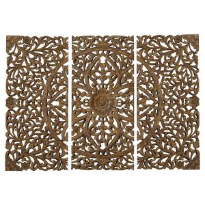 Art mural floral en bois (ensemble/3) : Panneaux botaniques sculptés à la main en brun pour la décoration du salon, de la chambre à coucher, de la salle à manger - Product Image 1