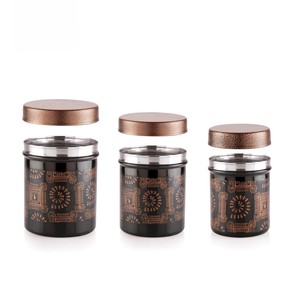 Ensemble de pots de rangement en métal à imprimé Warli noir, contenants cylindriques ethniques modernes avec couvercles texturés - Product Image 5