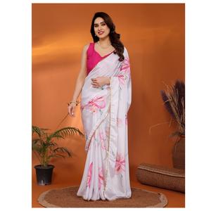 Proveedor indio Chinnon gasa con borde de encaje Pallu Sari para niñas fiesta boda desgaste Sari disponible al mejor precio - Product Image 1