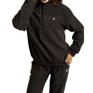 <b>Women</b> <b>Black</b> Half Zip Sweatshirt and Straight Leg Jogger Set Heavyweight Cotton <b>Fleece</b> Casual Tracksuit for Wholesale Supply - Product Image 2