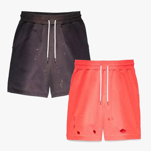Short en coton vintage pour hommes, respirant, été, délavé à l'acide, coupe dégradée, impression bouffante, respirant, saison estivale - Product Image 6