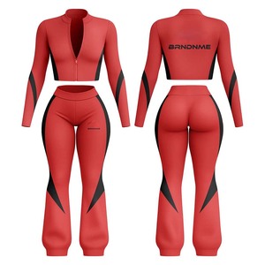 Women <b>red</b> <b>crop</b> <b>top</b> and leggings set polyester spandex stretch fabric contrast panel design custom heattransfer Logo Women's Sets - Product Image 3