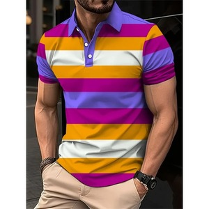 Polo de rayas coloridas con estampado 3D para hombre, camiseta de manga corta con patrón de árbol de coco, camisetas de solapa informales de verano, camisetas de gran tamaño - Product Image 5