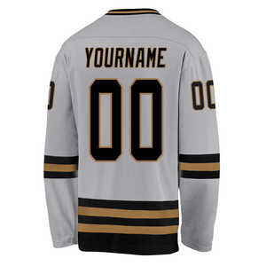 Jersey de Hockey sobre Hielo Gris Claro Personalizado, Uniforme Profesional de Equipo, Ropa Deportiva Atlética con Rayas Negras y Doradas, Top de Hockey Personalizado - Product Image 3