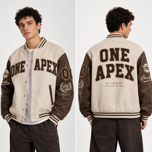 เสื้อแจ็คเก็ตเบสบอลแบบ Letterman สำหรับผู้ชาย สีเบจ-น้ำตาล ตัวเสื้อทำจากผ้าขนสัตว์ แขนเสื้อทำจากหนัง PU ปักลาย Chenille  แบบ OEM Varsity Jacket - Product Image 3