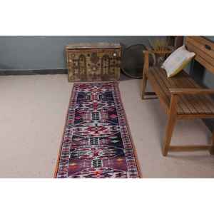 Alfombra Turca Vintage, Alfombra de Pasillo de 2.2x10.8 pies, Alfombra de Lana con Estampado Animal en Tonos Púrpura y Azul - Product Image 4
