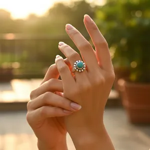 "Fine Rhodium-Plated 925 Silver Statement Cluster <b>Ring</b> with Cut <b>Turquoise</b> Stone for Women" - Product Image 3