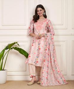 Vêtements pour femmes indiennes lin coton impression numérique et broderie à la main avec Moti travail Kurti avec pantalon avec robe d'été Dupatta - Product Image 1