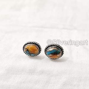 Boucles d'oreilles clous pour femmes, pierre précieuse turquoise cuivre naturelle, cadeau de Noël, bijoux faits à la main, boucles d'oreilles clous en argent sterling 925 - Product Image 3