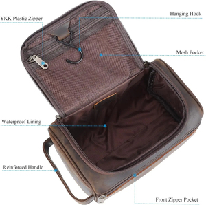 Vintage Leather Toiletry Bag with Zipper Closure and Soft Handle Portable Cosmetic <b>Case</b> Medium Size - Product Image 6