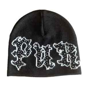 Rhinestone Knit Beanie Black Acrylic <b>Sparkly</b> Crystal Winter Hat Street Wear Studded Design Custom Logo Beanies - Product Image 1