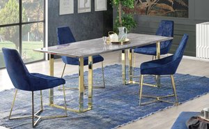 Juego de mesa de comedor de mármol con tapa de mármol de diseño clásico de metal y sillas con acabado de nogal para el hogar, cocina, sala de estar o uso en Hotel - Product Image 6