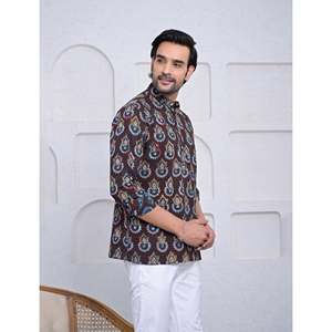 เสื้อคุर्ตาผ้าฝ้ายพิมพ์ลายลำลองสำหรับผู้ชาย แขนยาว ผ้าป๊อปลิน ระบายอากาศได้ดี ลายดอกไม้ - Product Image 3