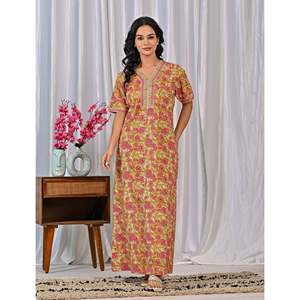 Vestido de Dormir 100% Algodón con Estampado Jaal Hecho a Mano, Camisón Suave Tejido con Diseño Floral y Botones, ODM 3XL para Damas de Honor - Product Image 5