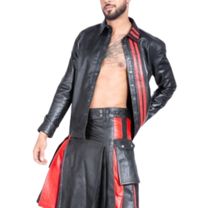 Leather <b>Shirt</b> with <b>Red</b> Stripes <b>Black</b> Faux Leather <b>Mens</b> Long Sleeve Fetish Fashion Club Top - Product Image 3