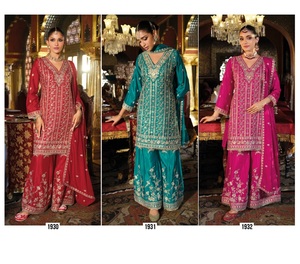 Traje Salwar Kameez Tradicional Pakistaní para Mujer, de Seda Chinon con Bordado Intenso, de Secado Rápido, Corte Regular, Listo para Usar, Estilo Palazzo - Product Image 4
