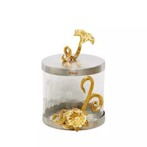 Elegante Bote de Té Decorativo con Diseño de Flores Doradas, Bote de Lujo/Bote Decorativo Indio de Metal y Vidrio para Cocina - Product Image 2