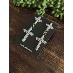 Zuni Vintage Style Purple Opal Sterling Silver Drop <b>Earrings</b> Cluster Cross <b>Post</b> Dangle Christian Symbol Gold Diamond Accents - Product Image 2