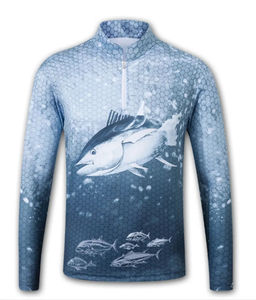 Camisa de Pesca de Manga Larga para Hombre, Estampado de Atún, Protección UV UPF 50, Cierre de Pullover, Estampado Digital Azul, Transpirable, 100% - Product Image 6