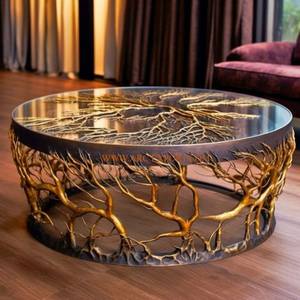 Table centrale de chambre à coucher ronde en verre noir avec support en métal plaqué or Table de meubles de salon design moderne et élégant - Product Image 4