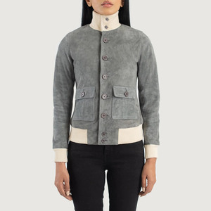 Veste en cuir suédé de qualité supérieure, best-seller, en cuir de mouton véritable, veste en cuir gris avec col côtelé - Product Image 5