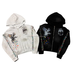 500g DTG impression sweat à capuche surdimensionné pour hommes avec fermeture à glissière à rivets personnalisée et strass de lavage à l'acide sweat à capuche pour hommes - Product Image 1