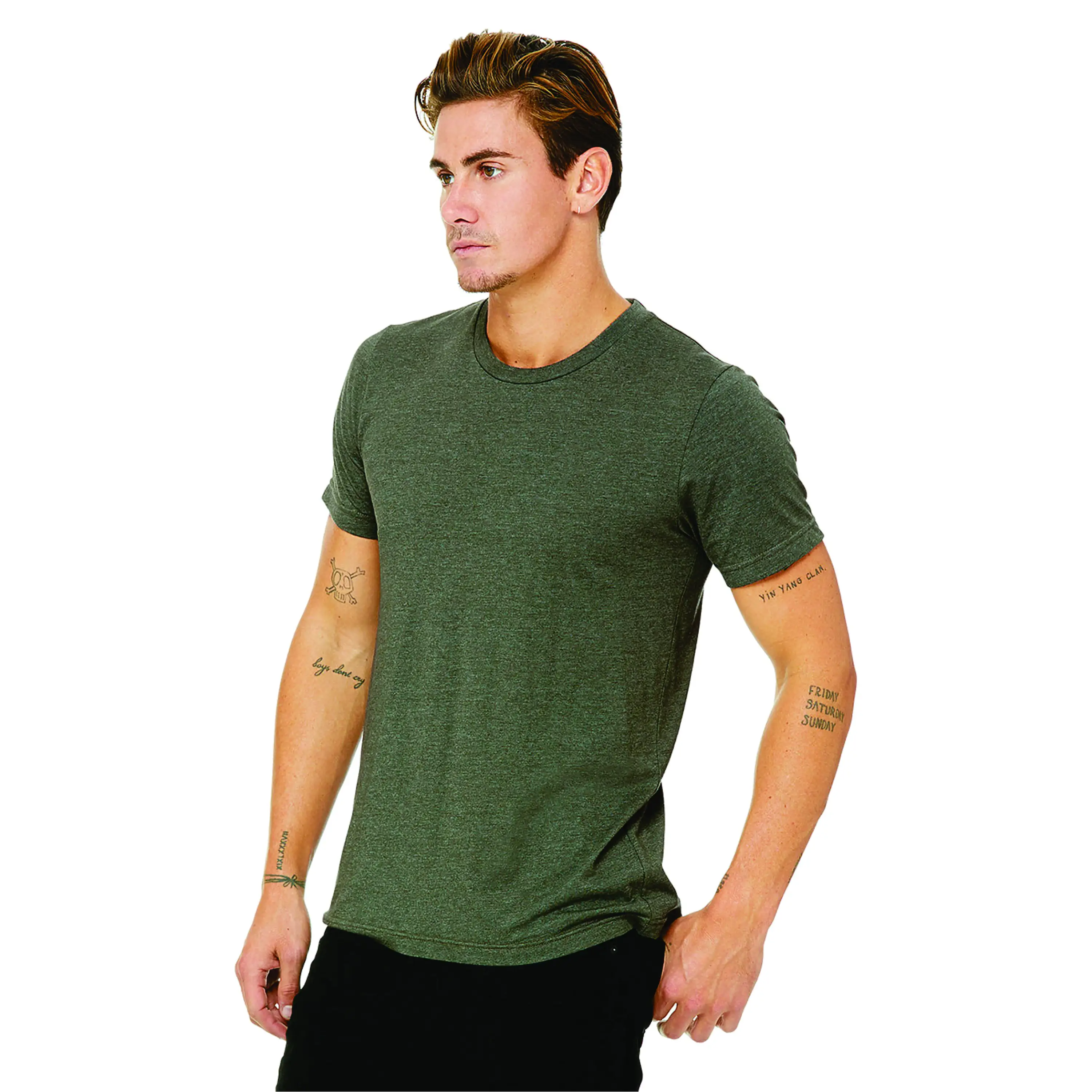 Heather Military Green Unisex CVC Short Sleeve T-Shirt: 52% Airlume Combed Cotton, 48% Poly, Lightweight Comfort