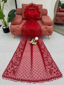 Hoa hồng màu đỏ bữa ăn tối & bên đặc biệt dành cho người lớn mặc Vải lưới mềm mại tuyệt đẹp tìm kiếm thêu đẹp lạ mắt Saree với lấy trộm - Product Image 4