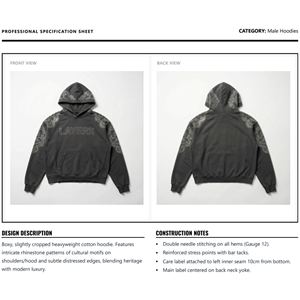 2026 Wholesale Men's Embroidered Hoodie 500gsm Cotton <b>French</b> Terry Rhinestone Hood Loose Fit Regular Distressed <b>Vintage</b> Pullover - Product Image 6