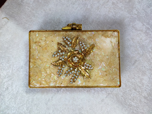 Handcrafted Mother of Pearl Mosaic Panelled Clutch with Crystal Floral Motif <b>Gold</b> Frame Luxury <b>Evening</b> <b>Bag</b> - Product Image 1
