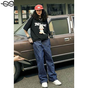 Jeans baggy pour hommes Pantalon uni vintage patineur pour femmes Jeans en denim décontractés à jambes larges Coupe ample Style Hip Hop - Product Image 5