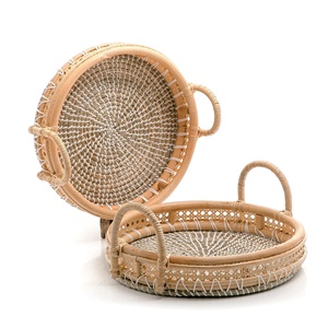 Elegant Natural Seagrass Rattan Set of 2 <b>Serving</b> <b>Trays</b> with Handle, High Quality Natural Round <b>Serving</b> <b>Trays</b> Handmade in Vietnam - Product Image 1