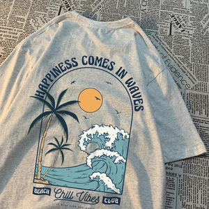 Happiness Comes In Waves Imprimé T-shirt unisexe ample et décontracté, motif créatif, pour couple - Product Image 1