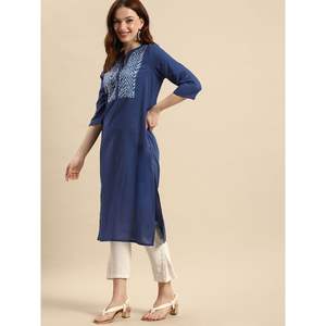 Kurta Étnica con Estampado Azul, Vestido Largo Informal, Elegante y Moderno, Transpirable, para Oficina, Fiestas y Festivales - Product Image 3