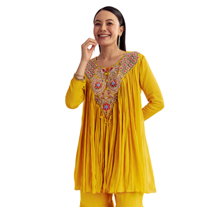 Mostaza Chinon acampanado Kurta con trabajo de hilo Venta al por mayor Mujeres Étnicas OEM Ropa Proveedor de fábrica Ropa de fiesta personalizada Traje - Product Image 3