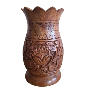 Vase sculpté en bois vintage avec motif floral, Vase unique fait à la main pour la décoration intérieure, Vase à fleurs en bois naturel - Product Image 1