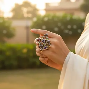 Anillo de Moda Ajustable con Diamantes de Corte Ovalado y Múltiples Piedras Preciosas para Mujer - Chapado en Oro y Rodio - Product Image 3