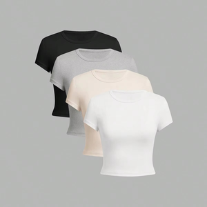 Camiseta Básica de Mujer de Color Sólido con Cuello Redondo, Paquete de 4, Verano, Casual, Minimalista, con Botones, Antiencogimiento, Tejido Jersey, Manga Corta, Ajustada - Product Image 6