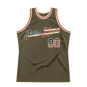 Jersey de baloncesto auténtico para crema con bandera de EE. UU. Vintage Oliva personalizada 100% poliéster transpirable saludo al servicio - Product Image 2