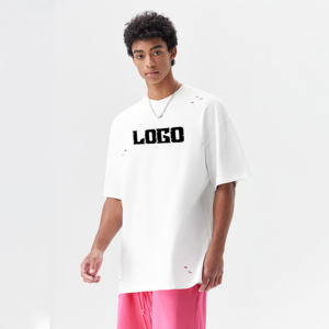 เสื้อสตรีทแวร์ขายส่ง ผ้าโพลีเอสเตอร์/คอตตอนเนื้อหนัก 300GSM ล้างสีแบบแอซิดวอช ทำลายแบบดิสเทรส สกรีนลายตามสั่ง แขนสั้น ทรงโอเวอร์ไซส์ สำหรับผู้ชาย - Product Image 3