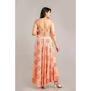 Robe longue évasée sans manches imprimée fleurs pêche SHKUP1367, taille unique, taille élastique, respirante, durable, grande taille, pour le quotidien - Product Image 3