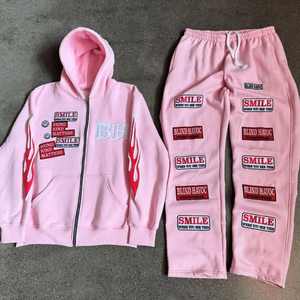 Men's 100% Cotton 450gsm Flees 2 Piece Sweat <b>Suit</b> Screen Print With Embroidery Zip Up Hoodie Sweat <b>Pant</b> Wholesale - Product Image 3