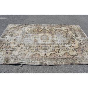 Tapis turc classique vintage Beige marron 5.2x8.5 pieds en laine faite à la main avec motif de patchwork en latex pour chevet - Product Image 3