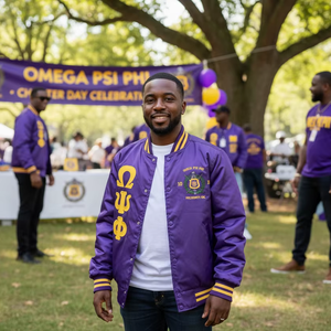 Vestes universitaires en satin personnalisées, col montant d'hiver, logo frontal, Omega Psi Phi Zeta Beta Sigma Rho Epsilon Gamma Omega Chi Eta Delta - Product Image 1