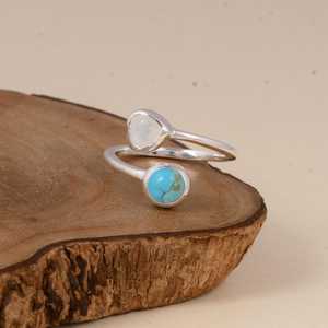 Kingman Turquoise Moonstone Sterling <b>Silver</b> Bezel Setting <b>Adjustable</b> Bypass Design Handmade Luxury Boho Gemstone Unisex <b>Ring</b> - Product Image 5