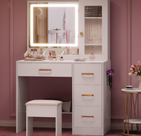 Table de toilette moderne blanche pour chambre à coucher avec 4 tiroirs, miroir éclairé, design assemblé avec tabouret