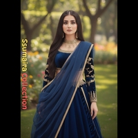 Ensemble 3 pièces de lehenga et crop top en velours bleu roi brodé et cousu, style Anarkali, pour tenue de soirée formelle, séchage rapide, collection 2025 – Vente en gros